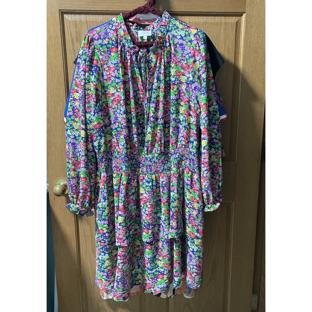 Surgarlips Smocked‎ Waist Curved Tier Dress Floral Multi Color 3X bright Fun